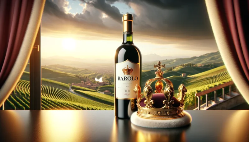 bottle of barolo next to a king's crown. Vinyard in the bacground