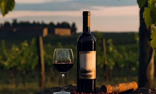 bottle of wine on a table with vineyard in the background