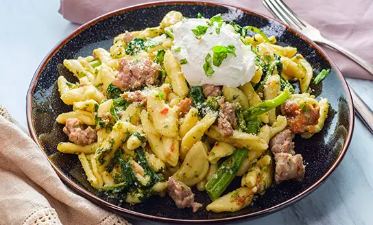 cavatelli con broccoli dish from top