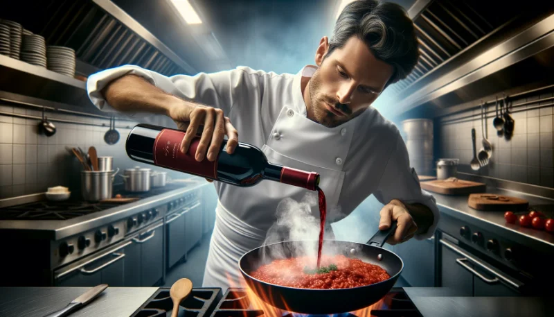 close up drawing of a chef cooking rice with wine