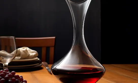 front view of a decanter filled with wine