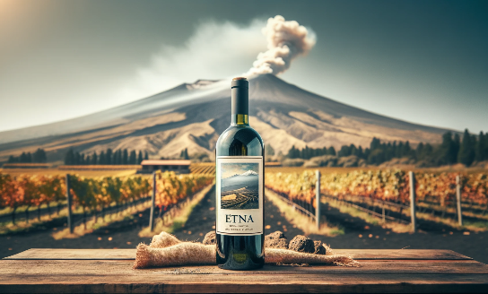 wine bottle labeled Etna on a rustic table, with the backdrop of Mount Etna