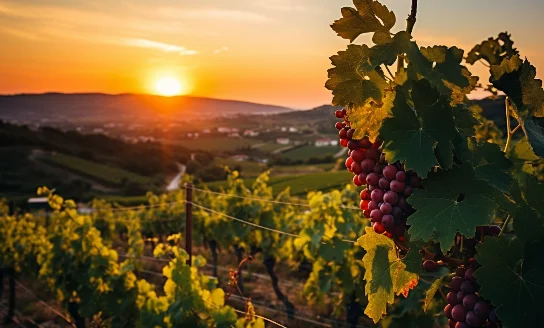 close up on a vineyard grape vine with sunset in the background