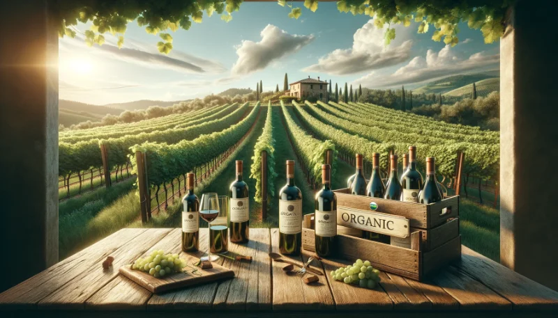 italian wine bottles with vineyard in the background