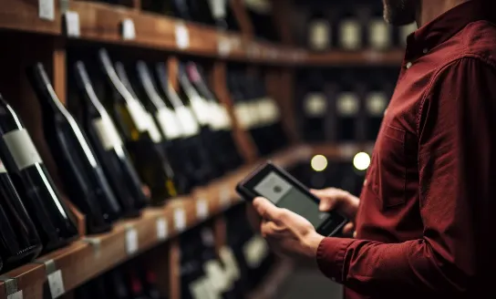 person in red shirt chosing a bottle of wine