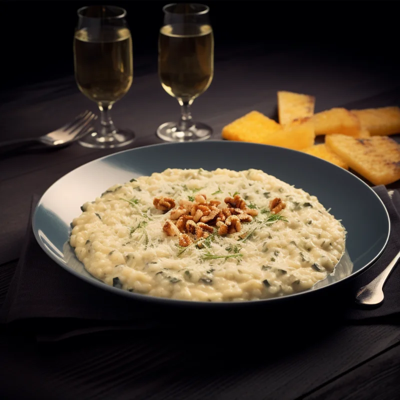 risotto gorgonzola and passito wine top view