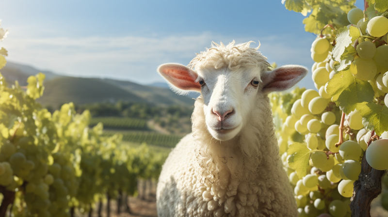 close up view of a sheep's head with vineyard in the background