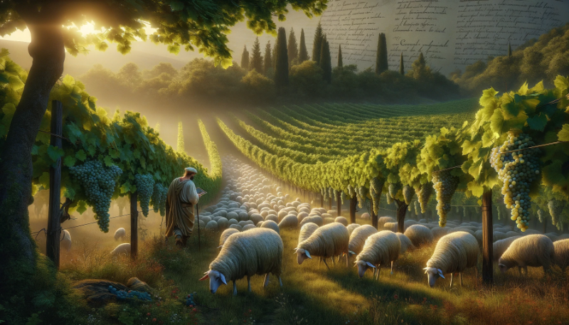 drawing of sheeps in a vineyard